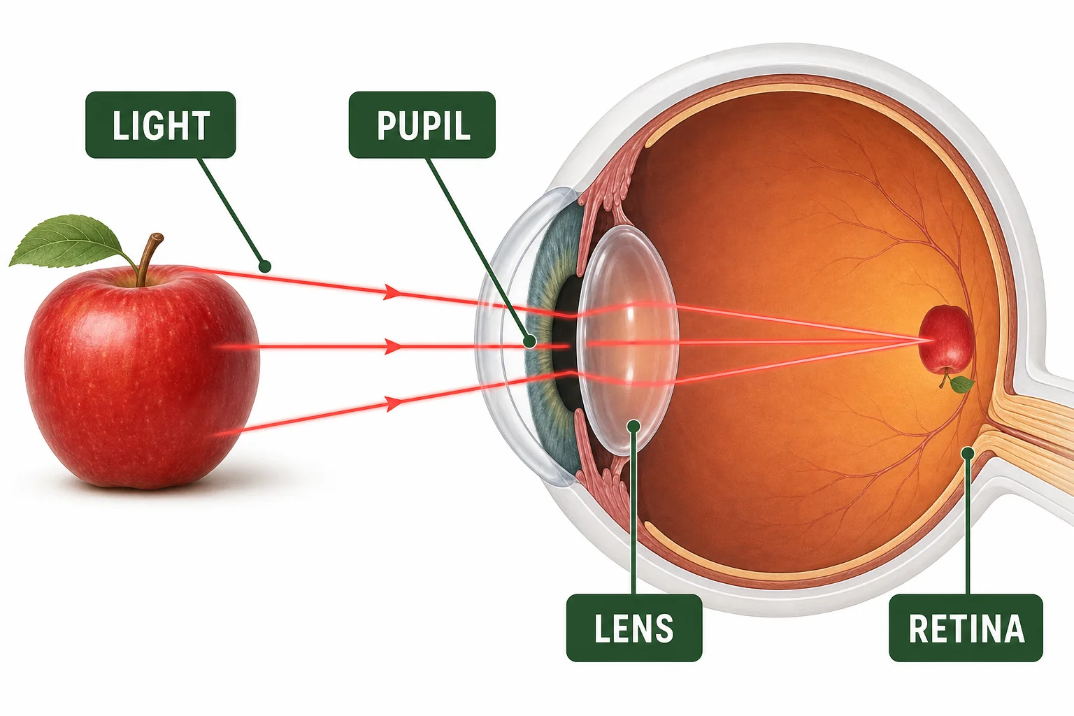 Light reflecting from a red apple and traveling through the cornea, pupil, lens, and retina of an eye