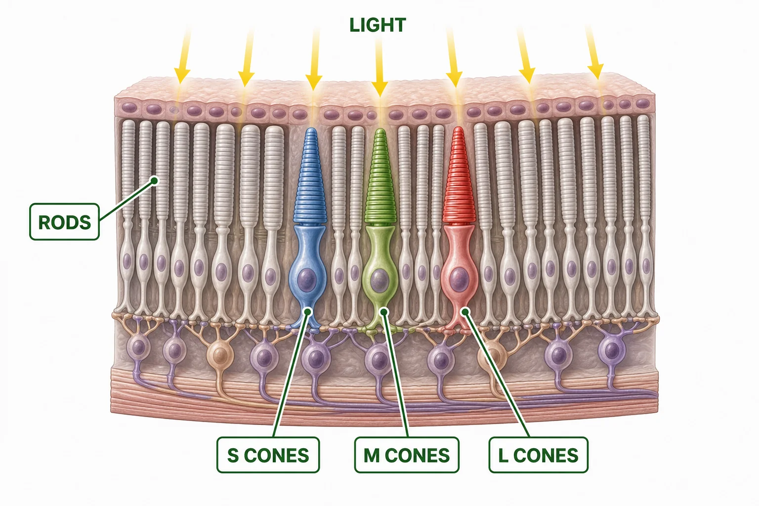 Magnified view of the retina showing rod cells and three types of cone cells responding to light