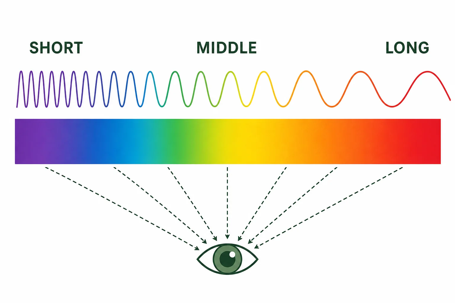 Visible light spectrum with shorter blue wavelengths, middle green wavelengths, and longer red wavelengths