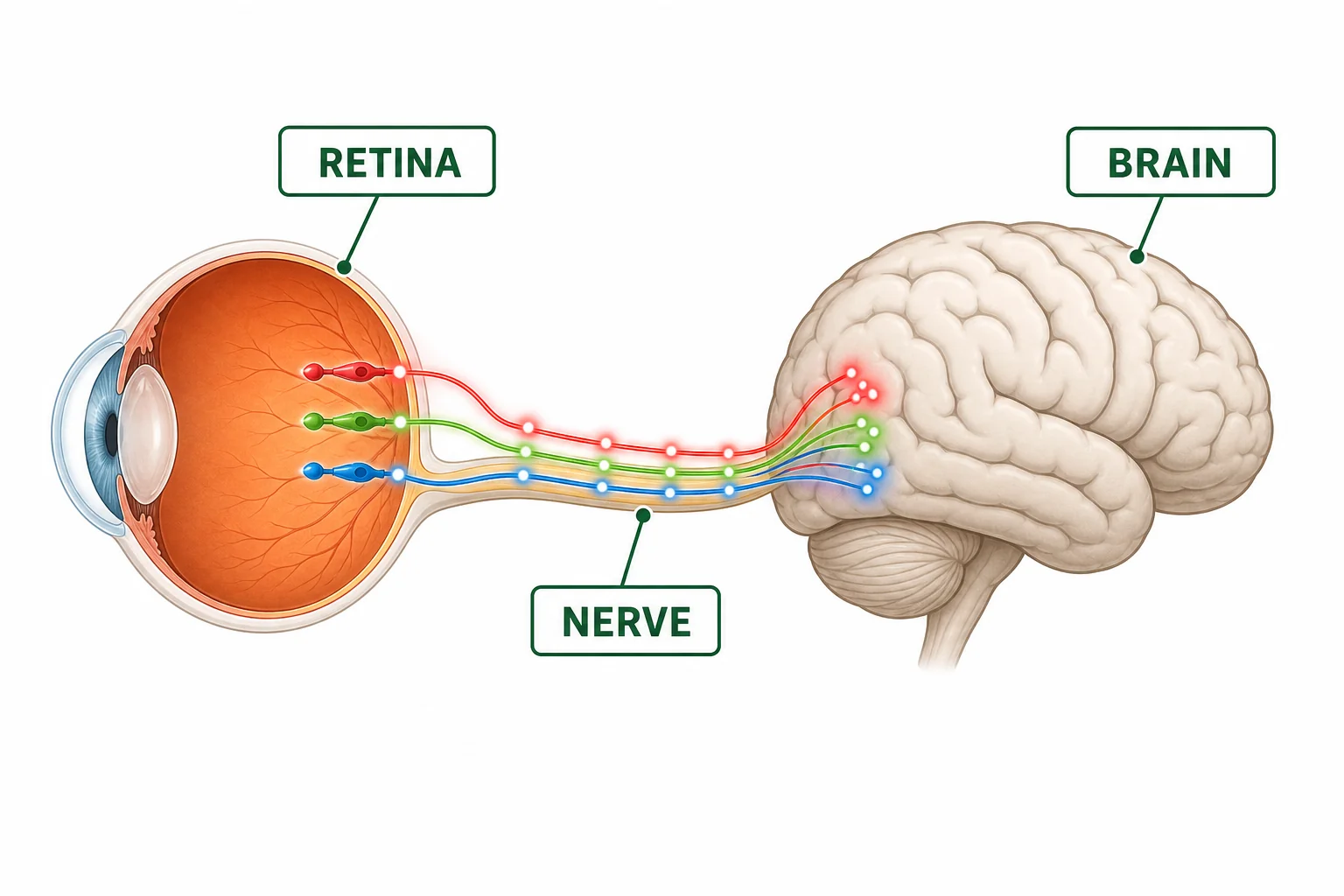 Signals traveling from cone cells in the retina through the optic nerve to visual areas of the brain