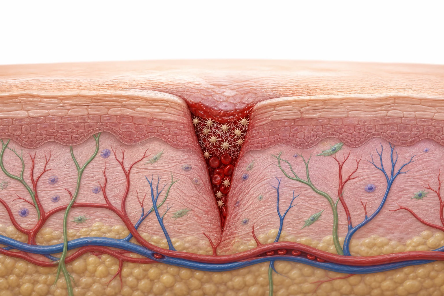 A cross section of skin showing a small cut, blood cells, platelets, and immune cells beginning repair