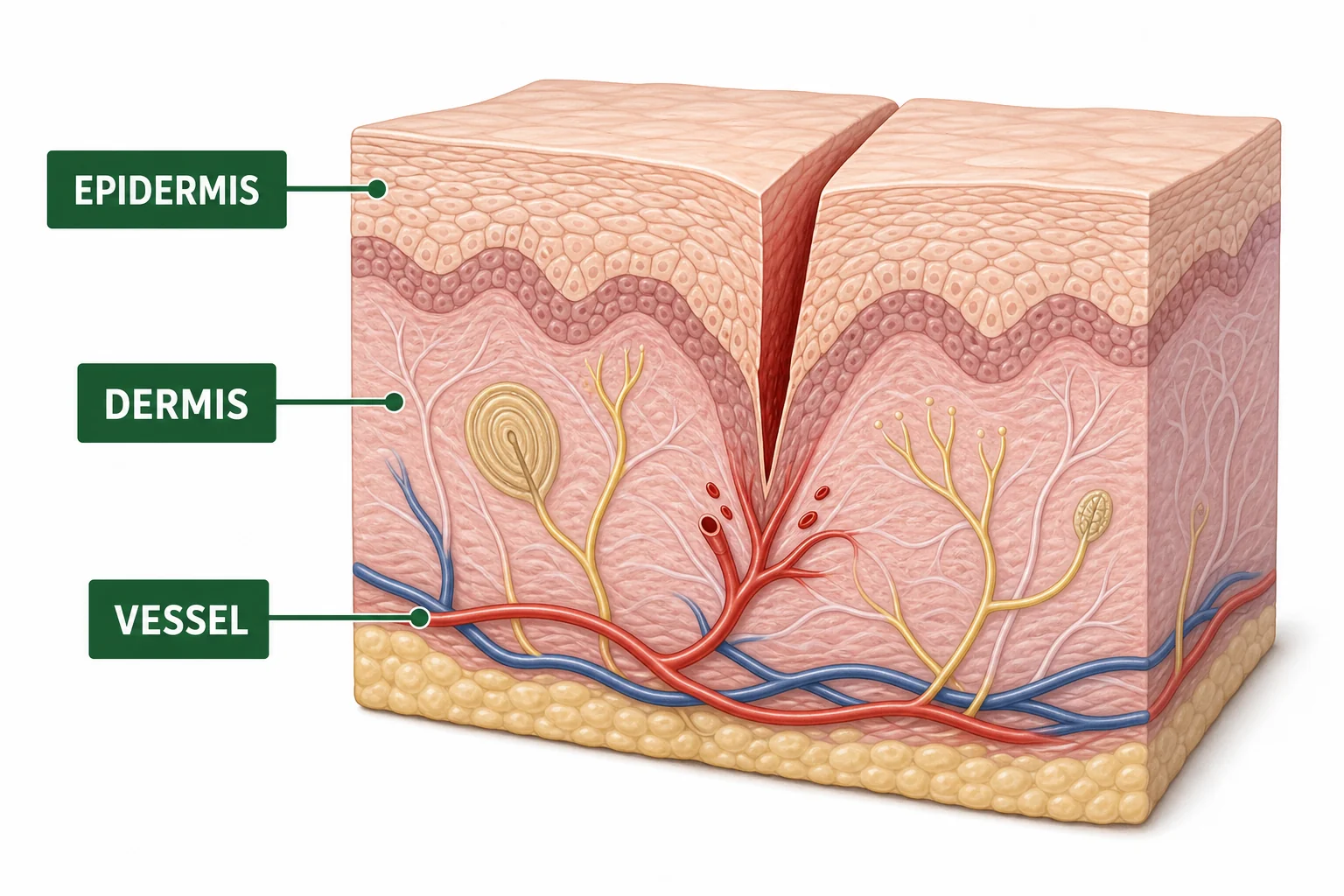A cross section of skin with a small cut passing through the epidermis into the dermis and touching tiny blood vessels