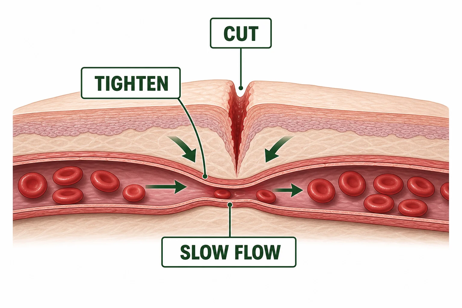A small blood vessel near a cut narrowing to reduce the amount of blood leaving the wound