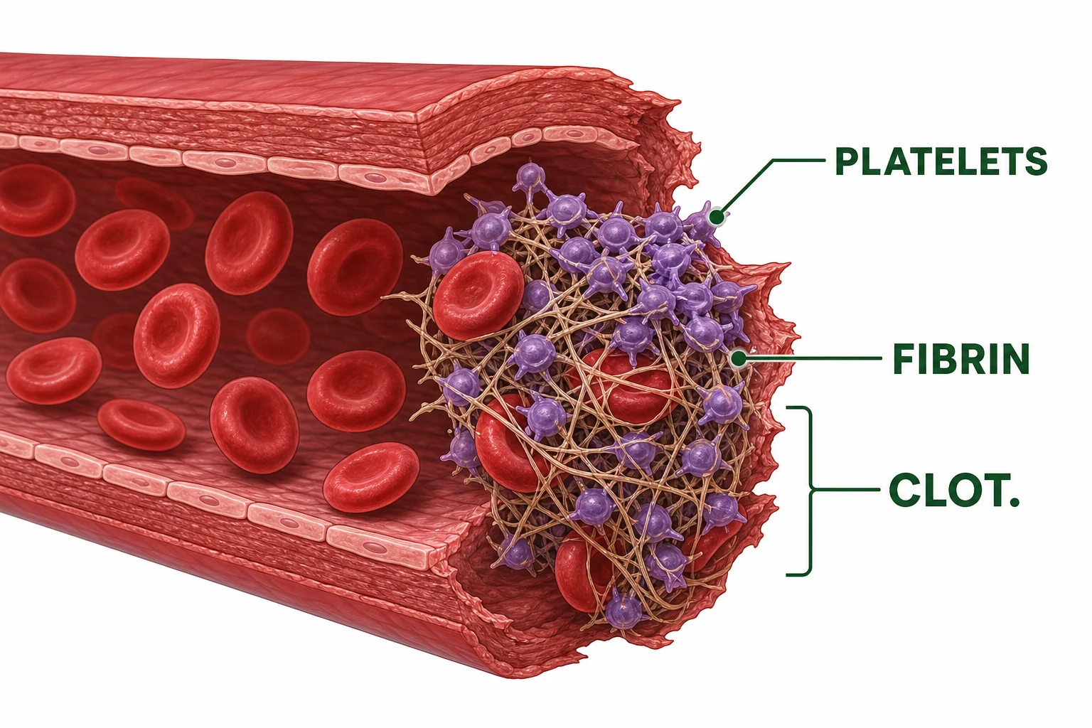 Platelets sticking together at a broken blood vessel and fibrin threads forming a stronger clot