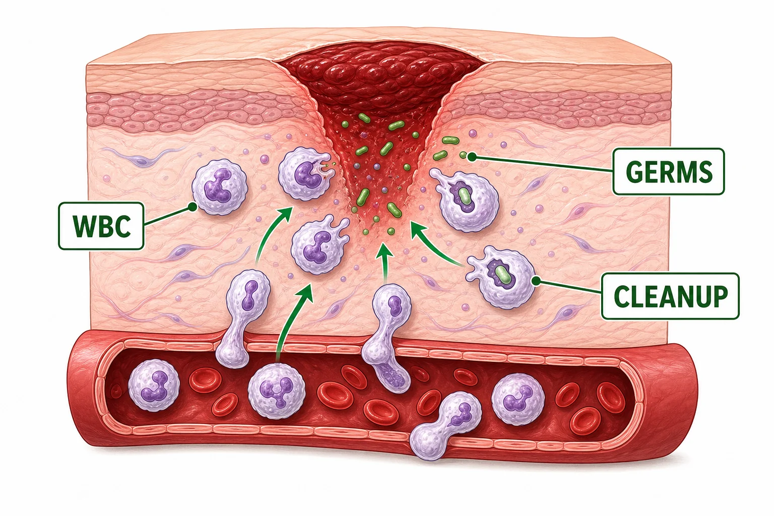 White blood cells moving toward bacteria and damaged cells near a sealed cut