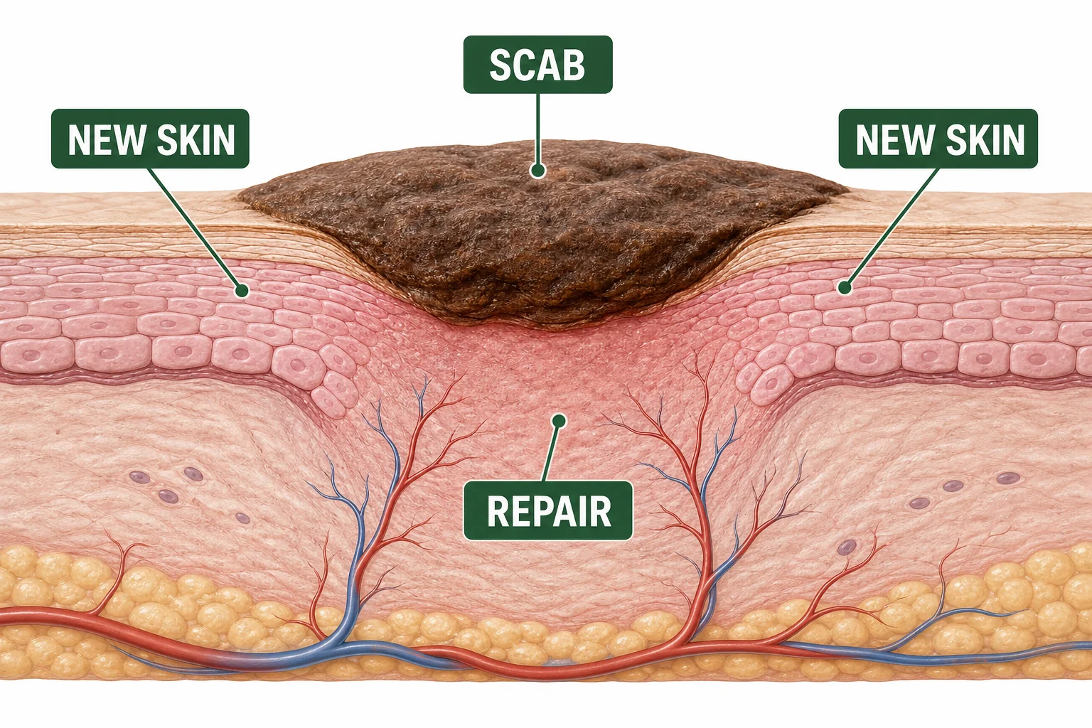 Skin cells growing across a cut under a scab while new tissue fills the wound
