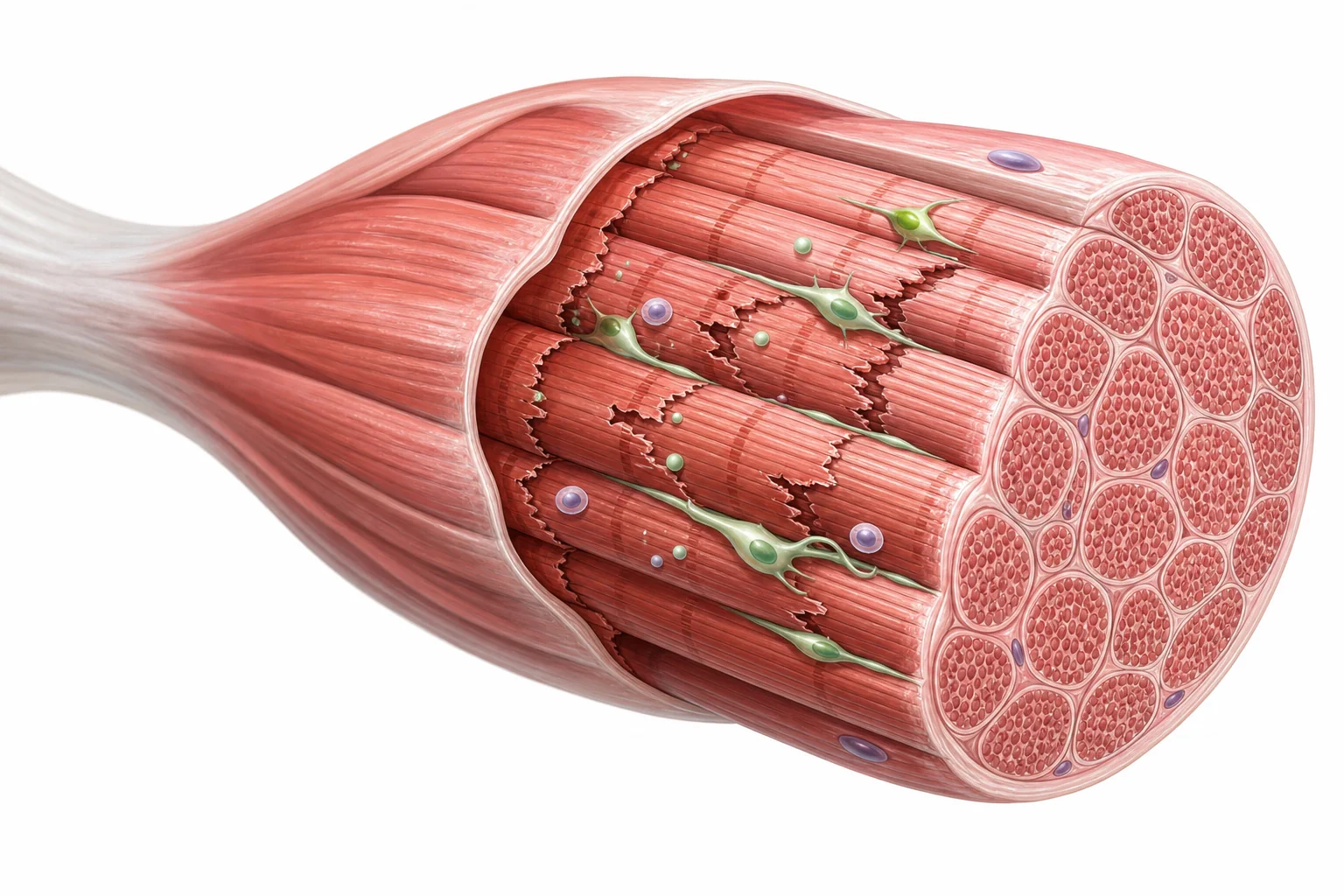 A student stretching after exercise while a magnified view shows muscle fibers being repaired by body cells