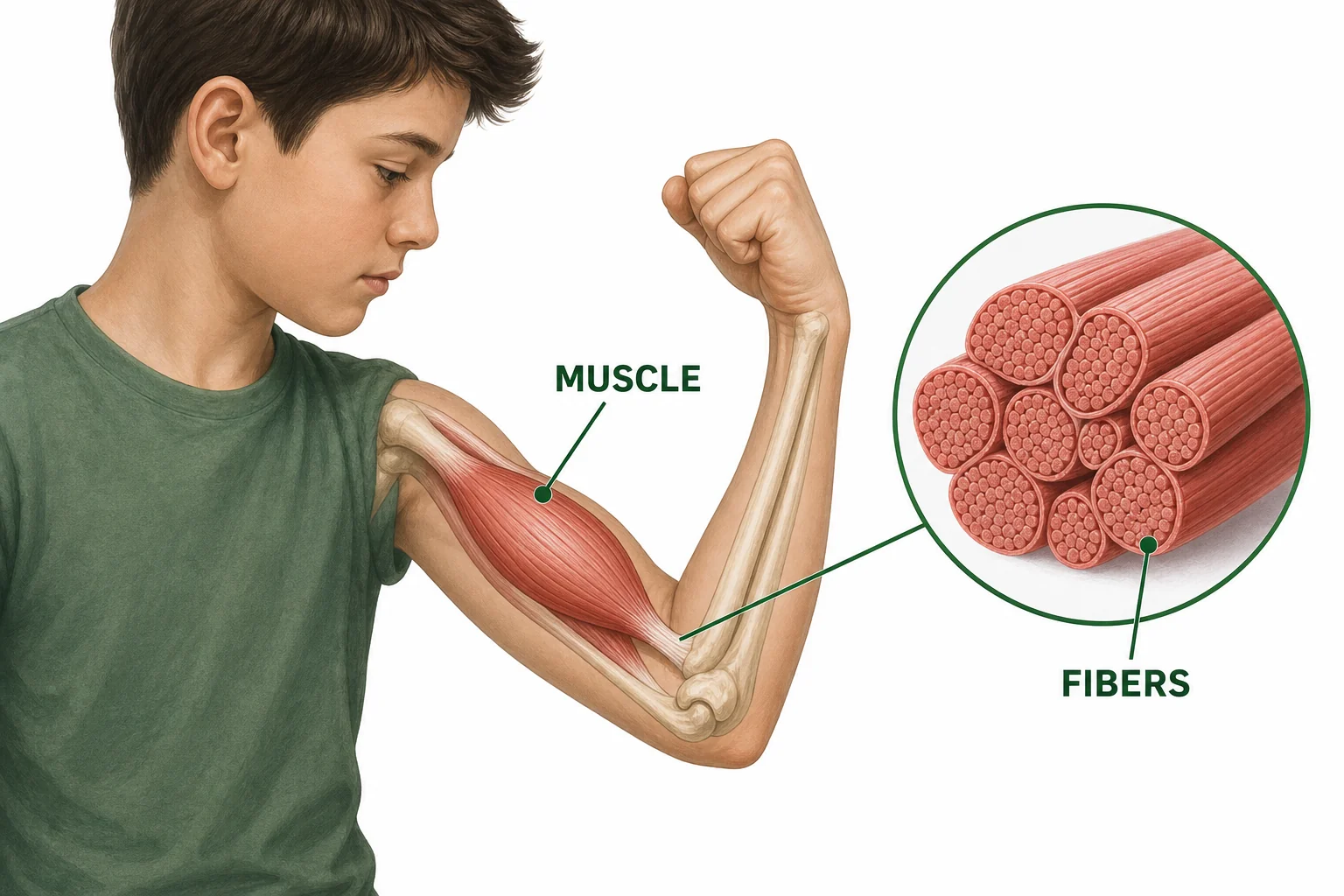 Diagram showing a biceps muscle pulling on a forearm bone with a magnified view of muscle fibers inside the muscle