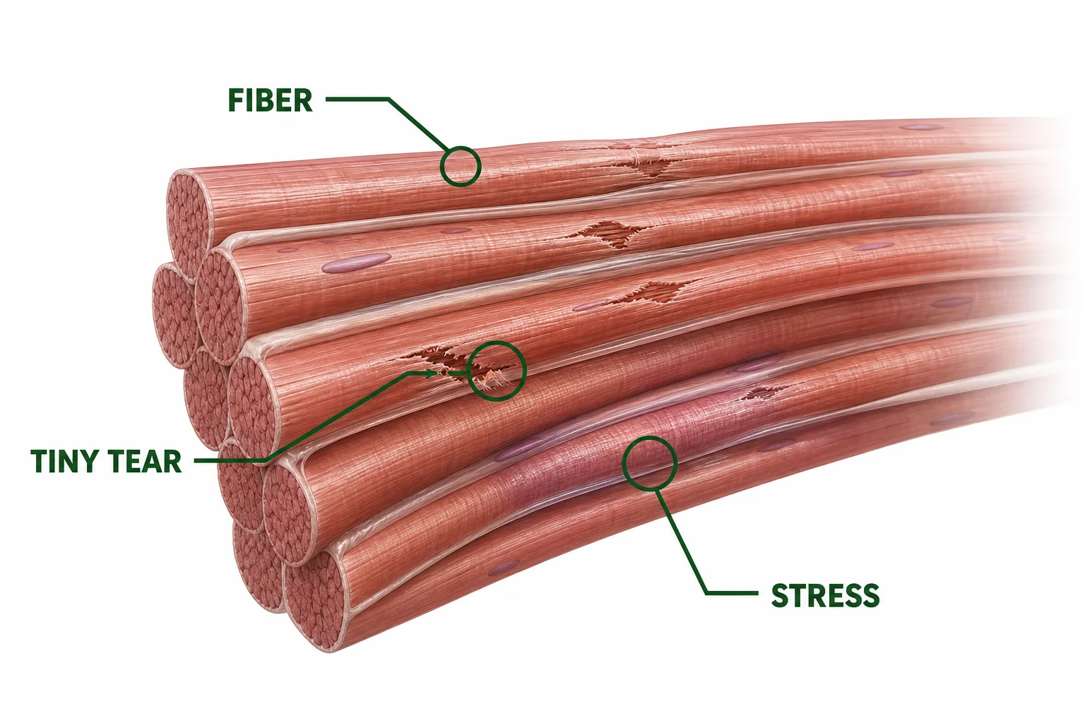 Magnified muscle fibers with small breaks in a few fibers after hard exercise