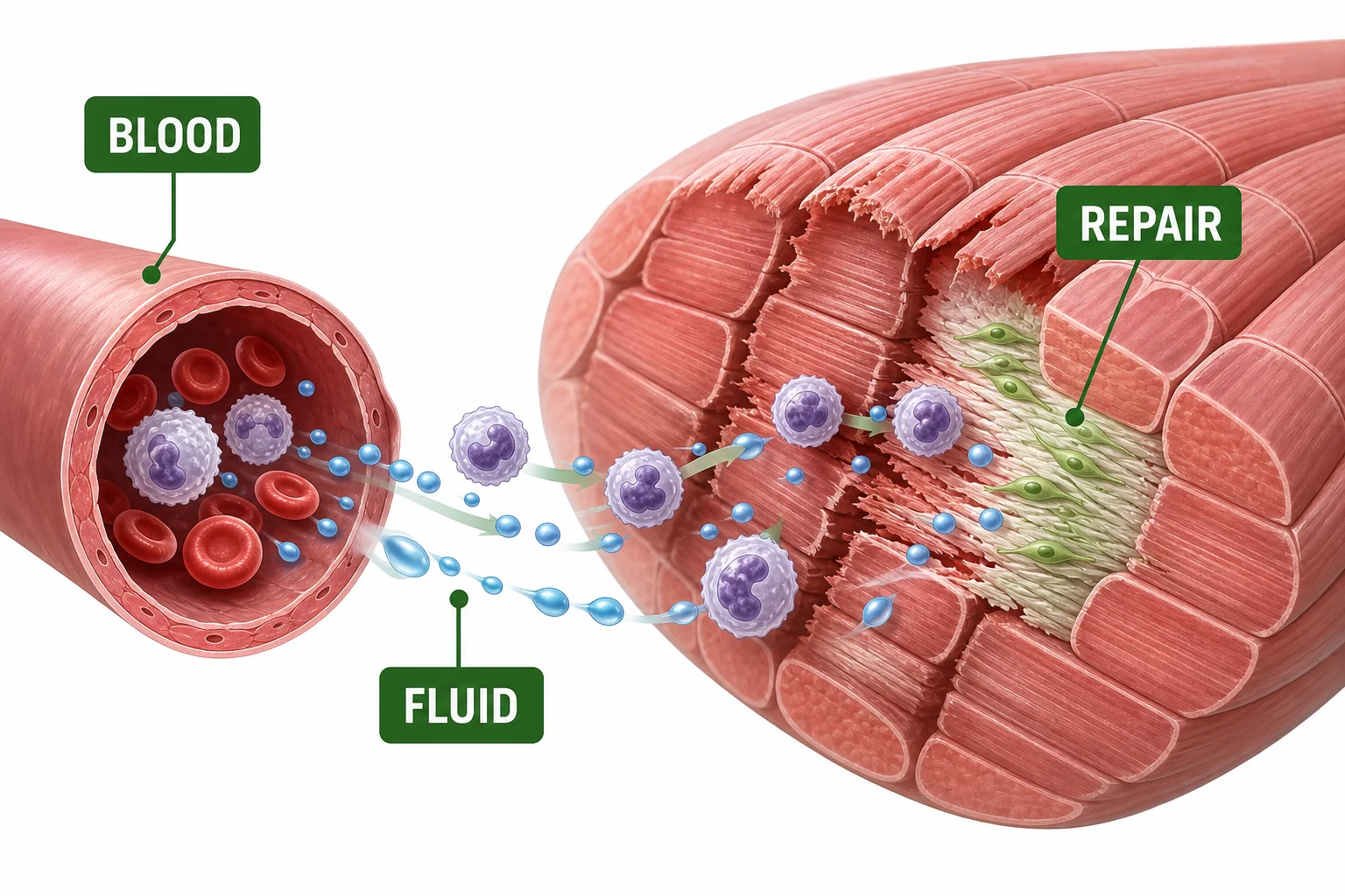 Immune cells and fluid moving from a small blood vessel toward damaged muscle fibers during repair