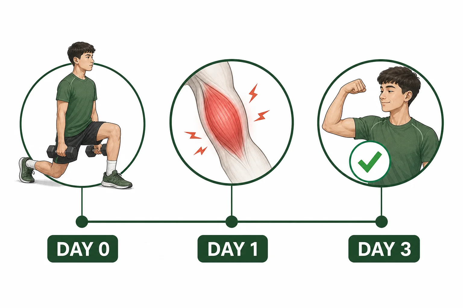 Timeline showing exercise followed by rising muscle soreness over the next two days and then recovery