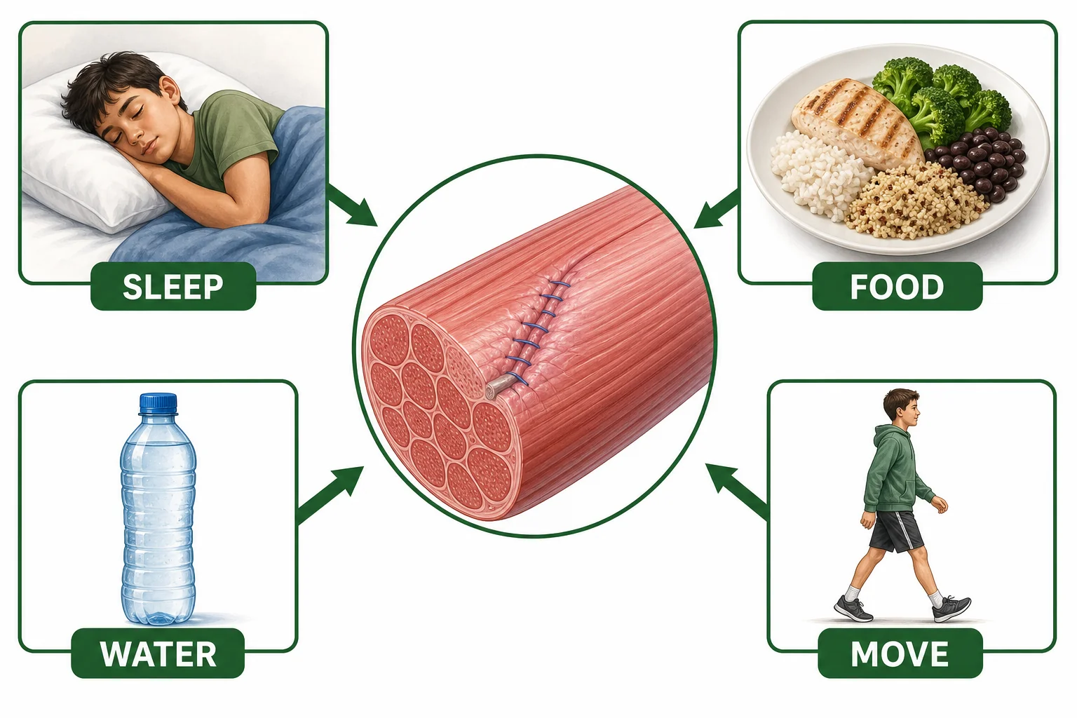 Recovery scene showing sleep, food, water, and light movement supporting muscle repair