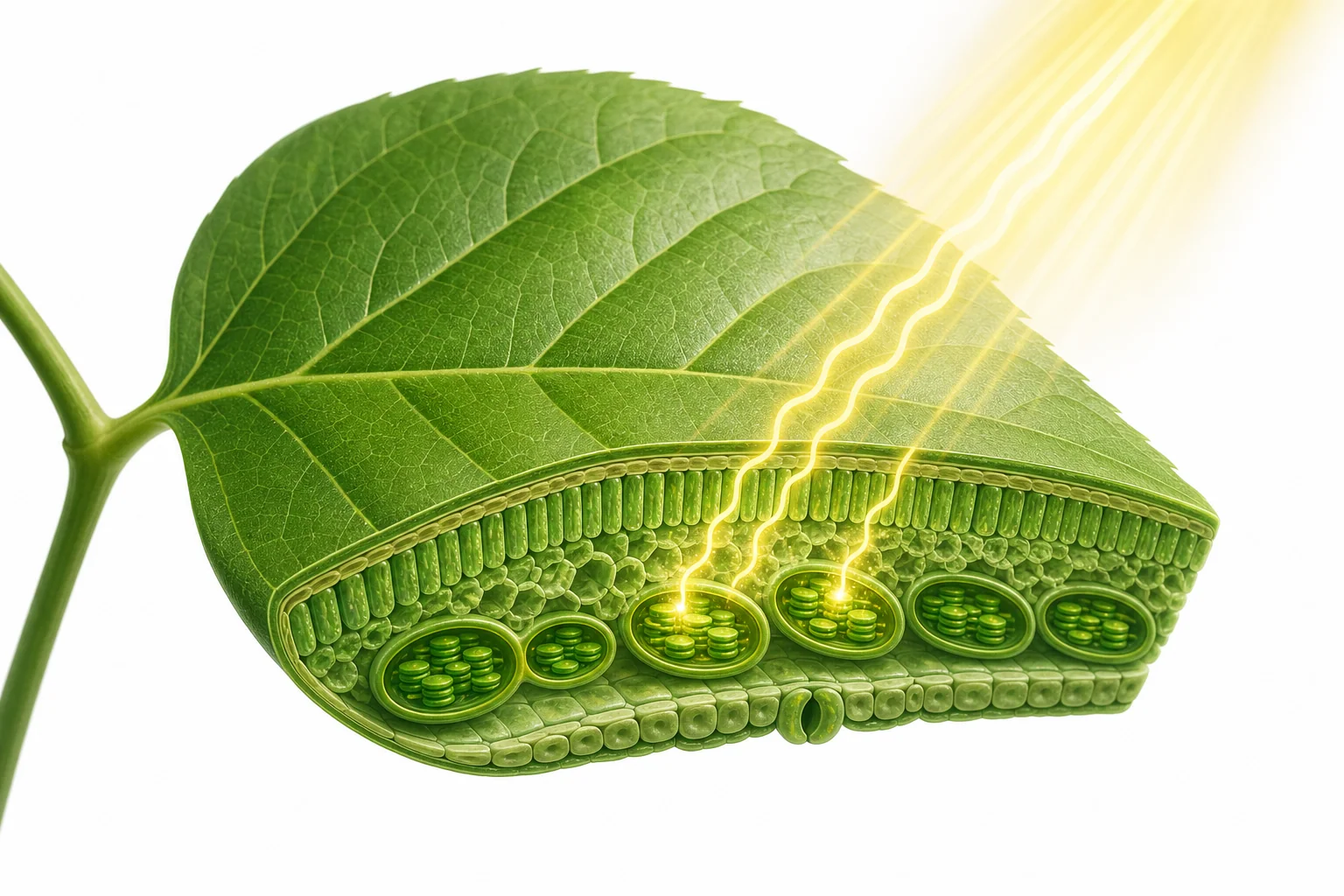 A green plant receiving sunlight, taking in water through roots and air through leaves to make food for growth.