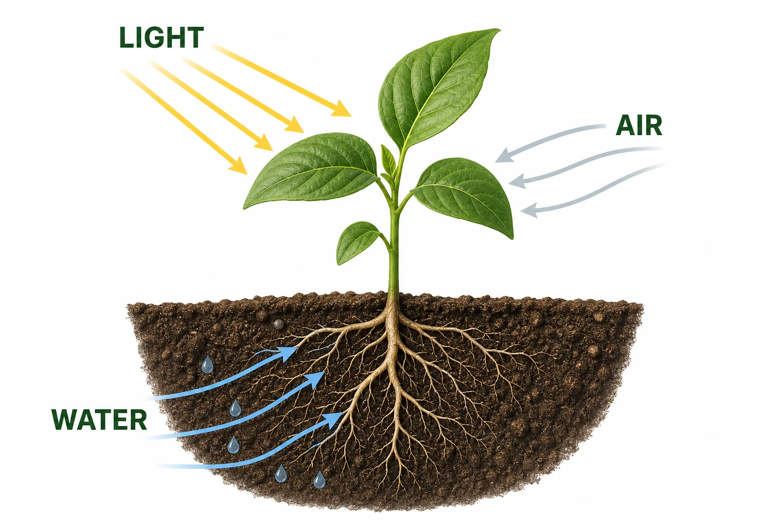 Sunlight shining on a leaf while roots take in water and leaves take in carbon dioxide.