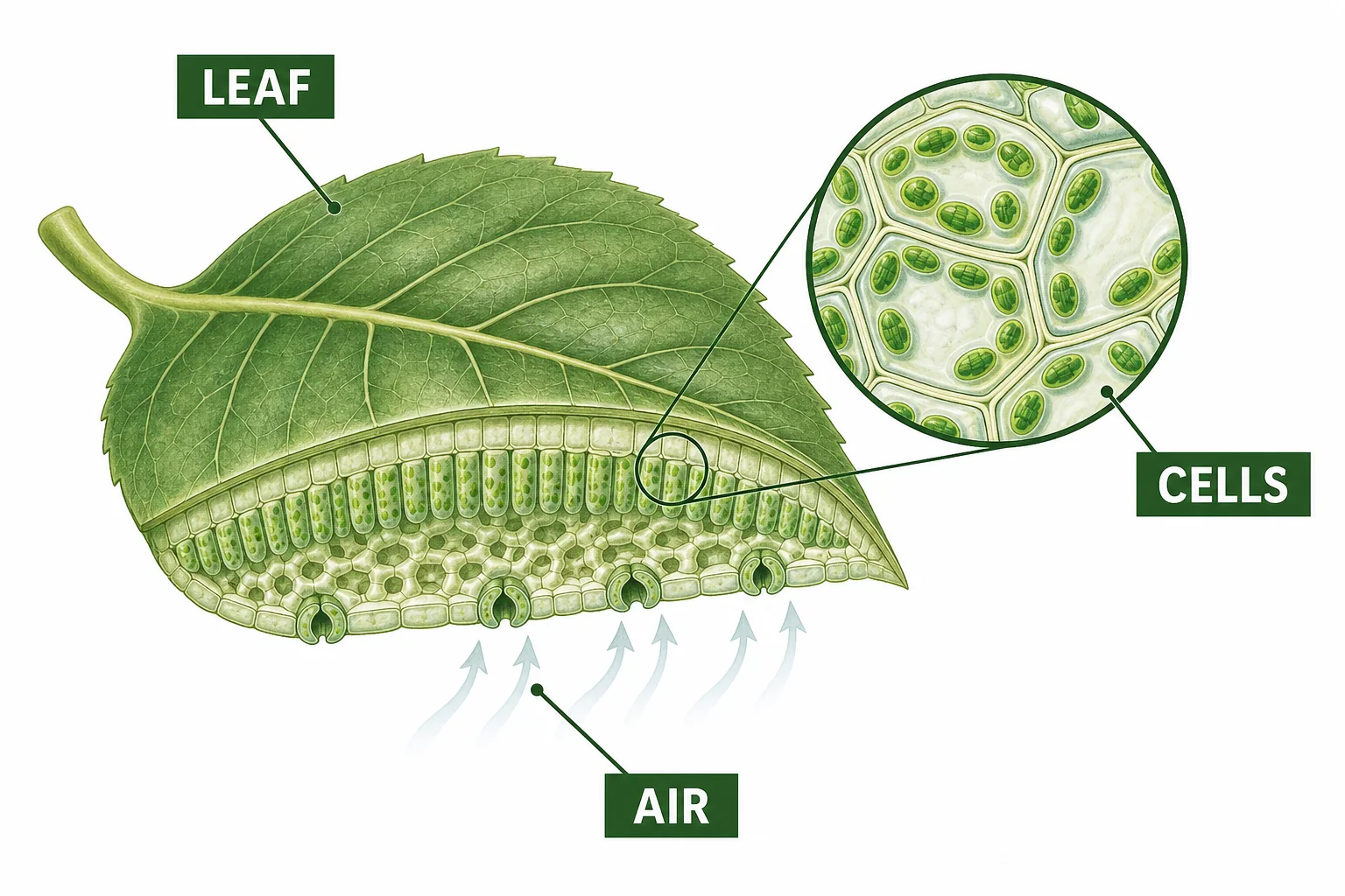 A cutaway view of a leaf showing chloroplasts inside cells and small openings for air.