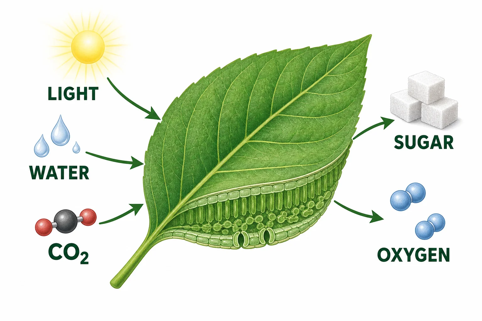 A simple photosynthesis diagram showing light, water, and carbon dioxide going into a leaf and glucose and oxygen coming out.