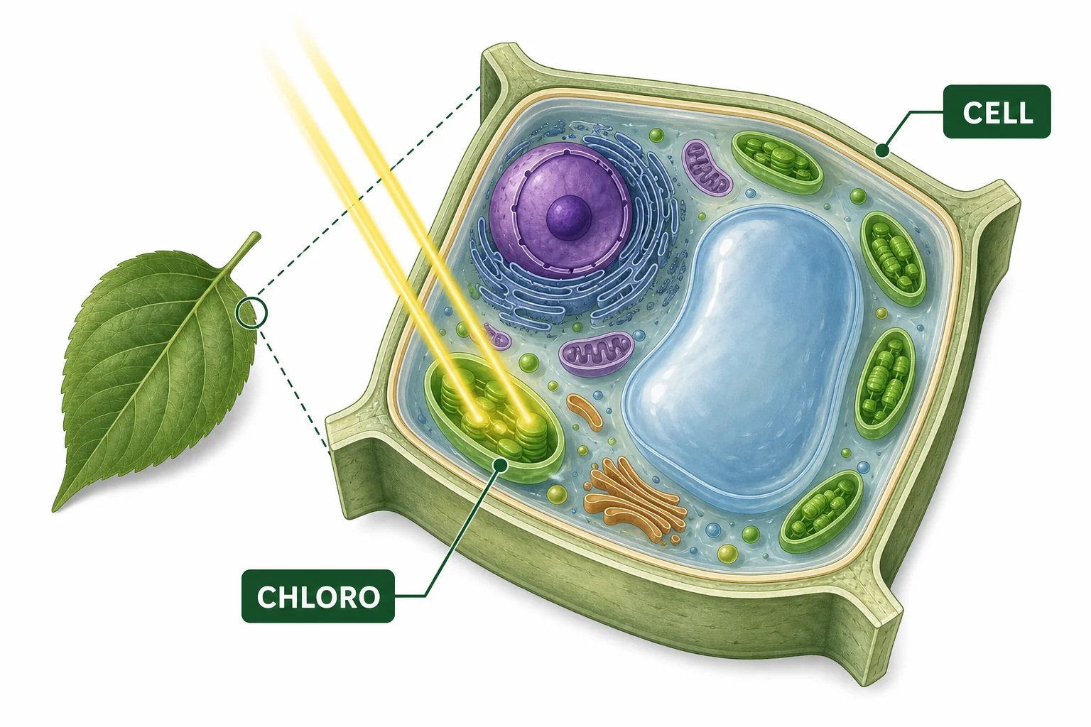 A magnified chloroplast with chlorophyll capturing light energy inside a leaf cell.