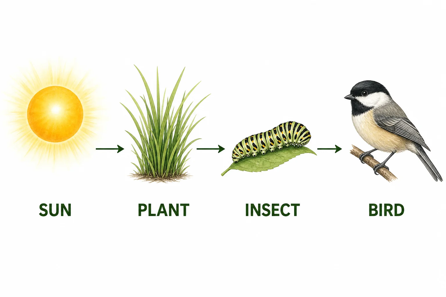 A simple food chain showing the Sun, grass, a caterpillar, and a bird with arrows showing energy flow.