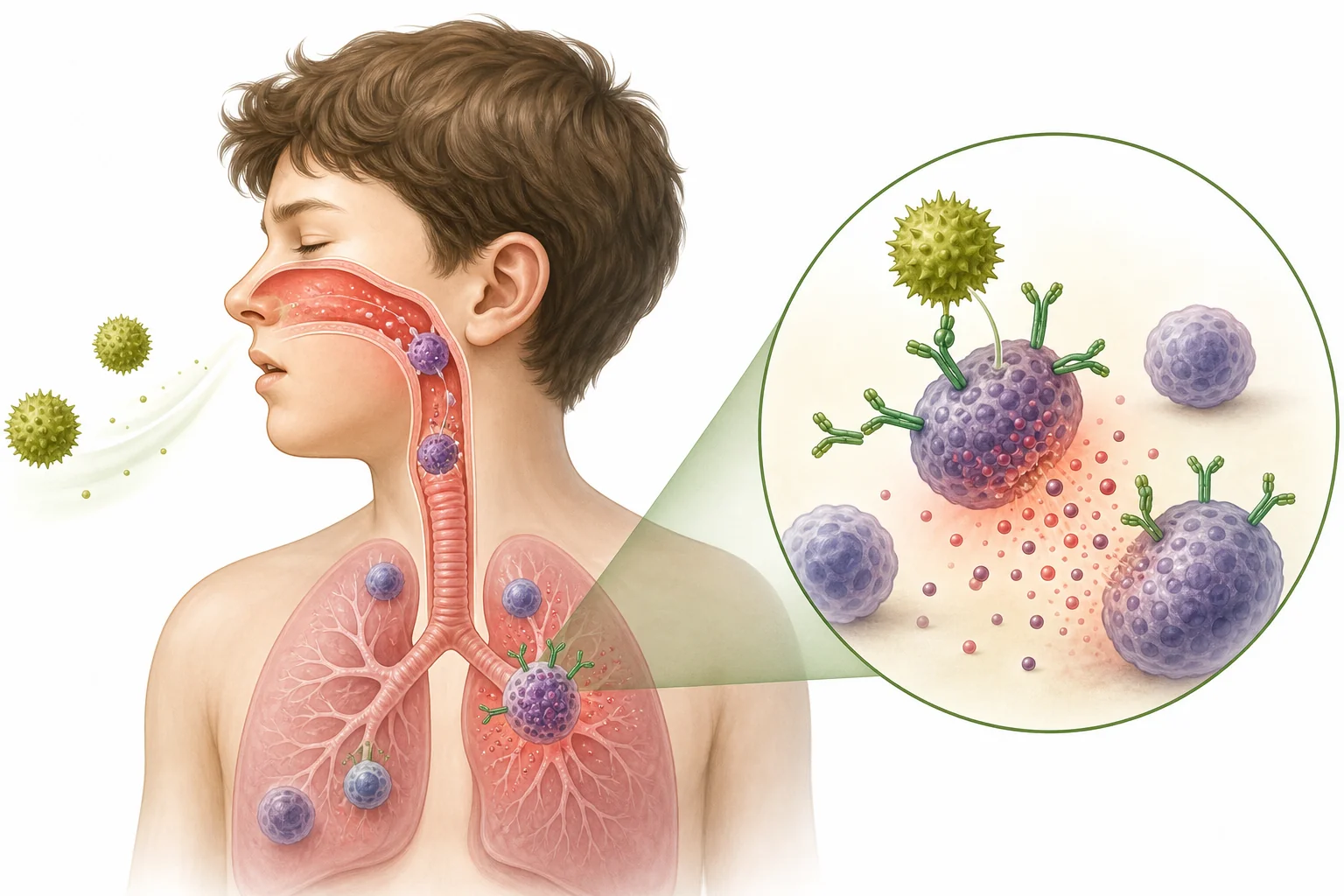 A student near pollen grains while immune cells react inside a simplified body diagram