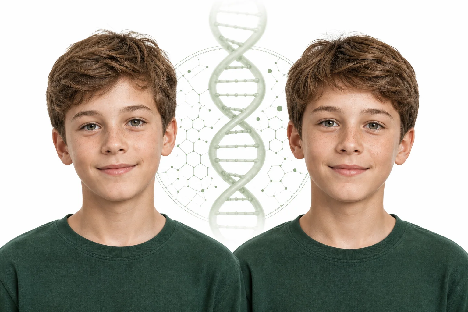 Two pairs of twins shown with a simplified DNA strand and family tree to compare identical and fraternal twin inheritance.