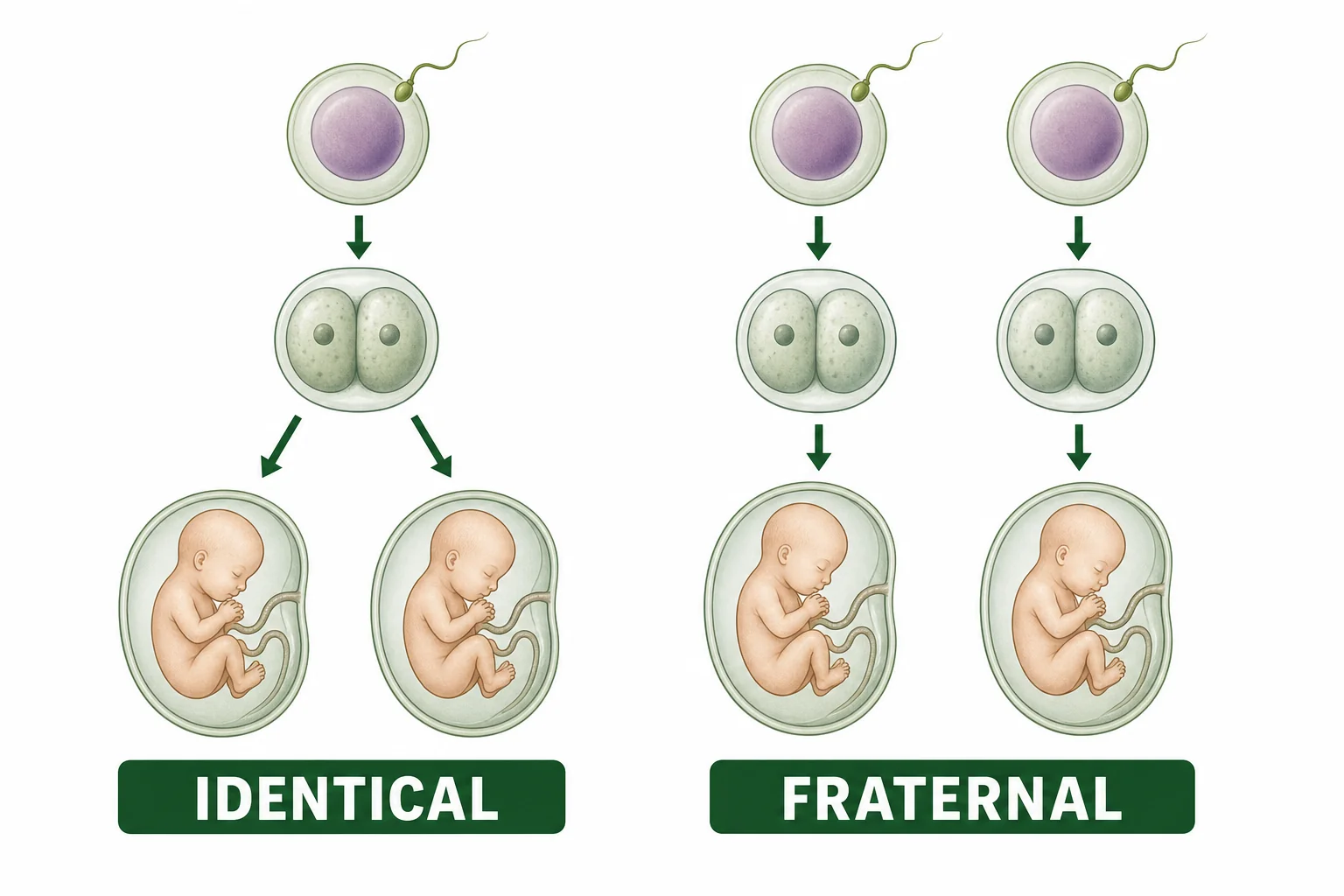 Diagram comparing identical twins from one fertilized egg that splits and fraternal twins from two separate fertilized eggs.