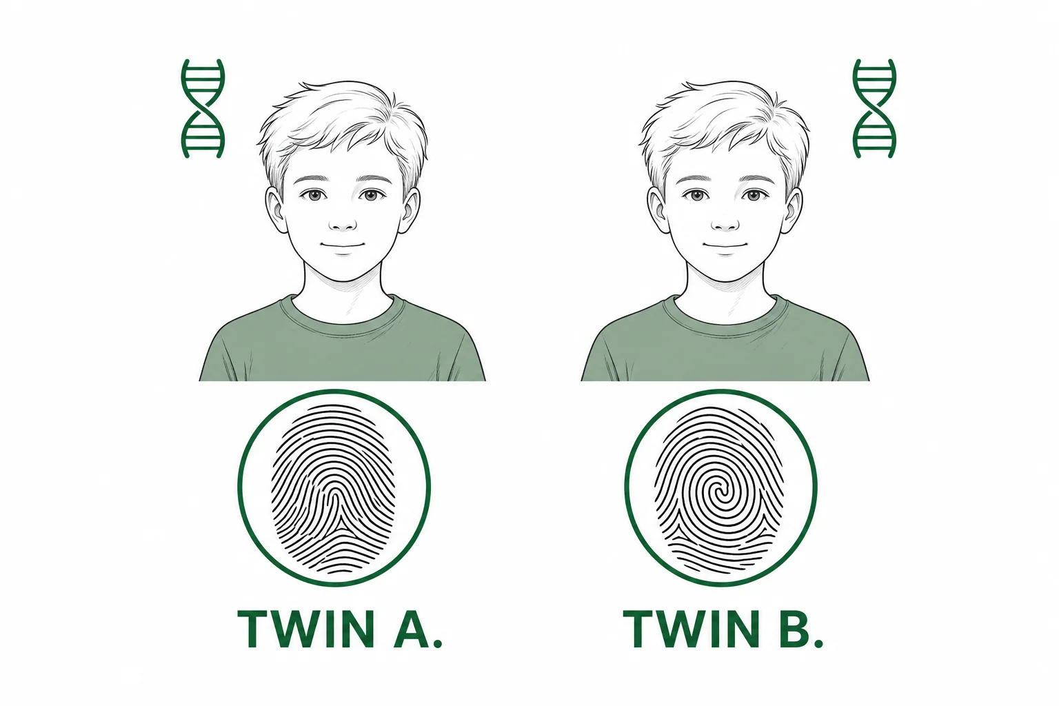 Two identical twin profiles with similar DNA symbols and enlarged fingerprints that have different ridge patterns.