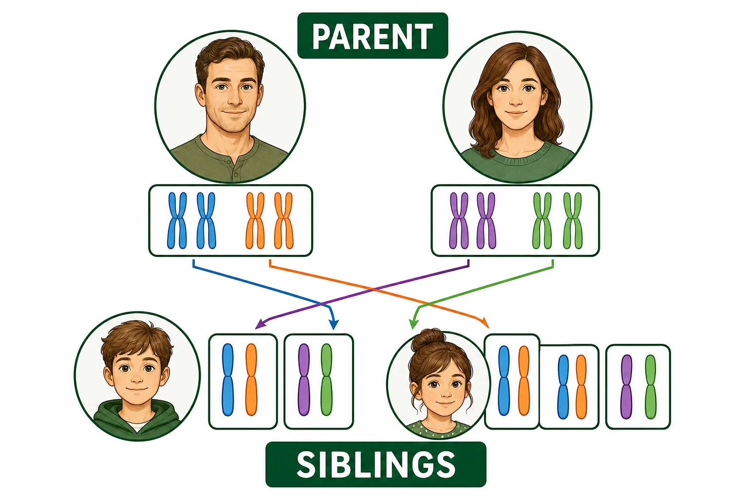 Family inheritance diagram showing two parents and fraternal twins receiving different combinations of chromosome colors.