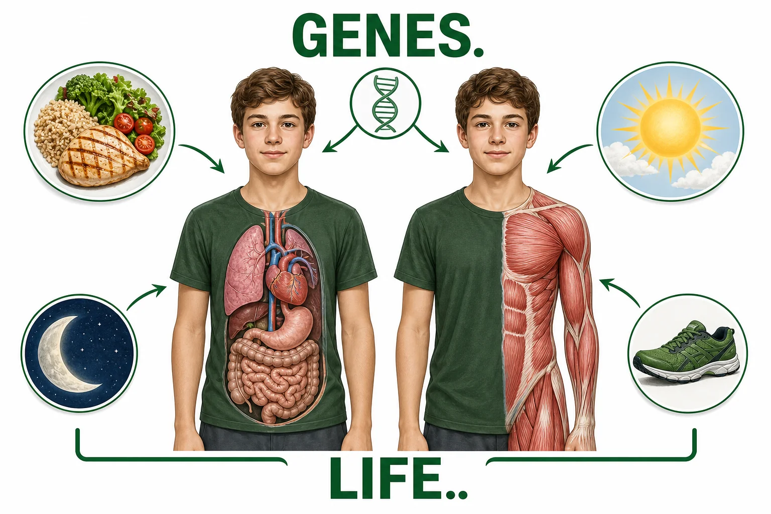 Identical twins shown in different daily environments with icons for food, sleep, sunlight, and exercise affecting development.