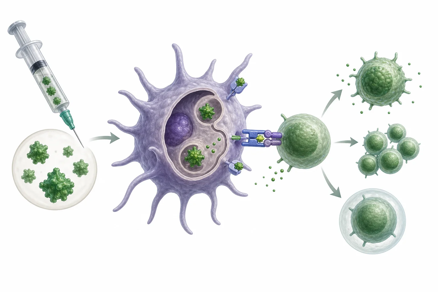Diagram of a vaccine introducing harmless antigen shapes to immune cells, which then form memory cells and antibodies.