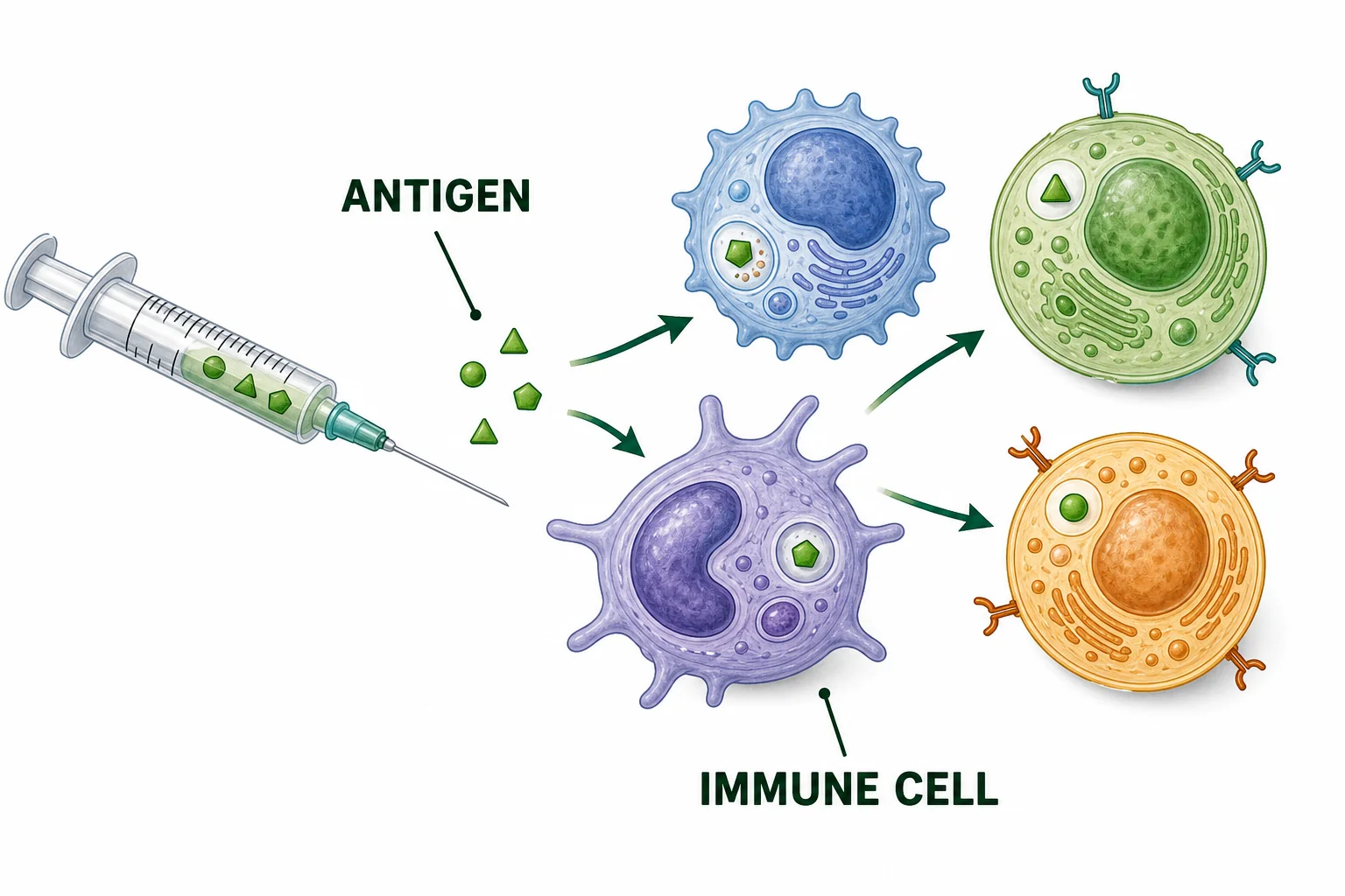 A vaccine syringe introduces harmless antigen shapes that are being inspected by immune cells.