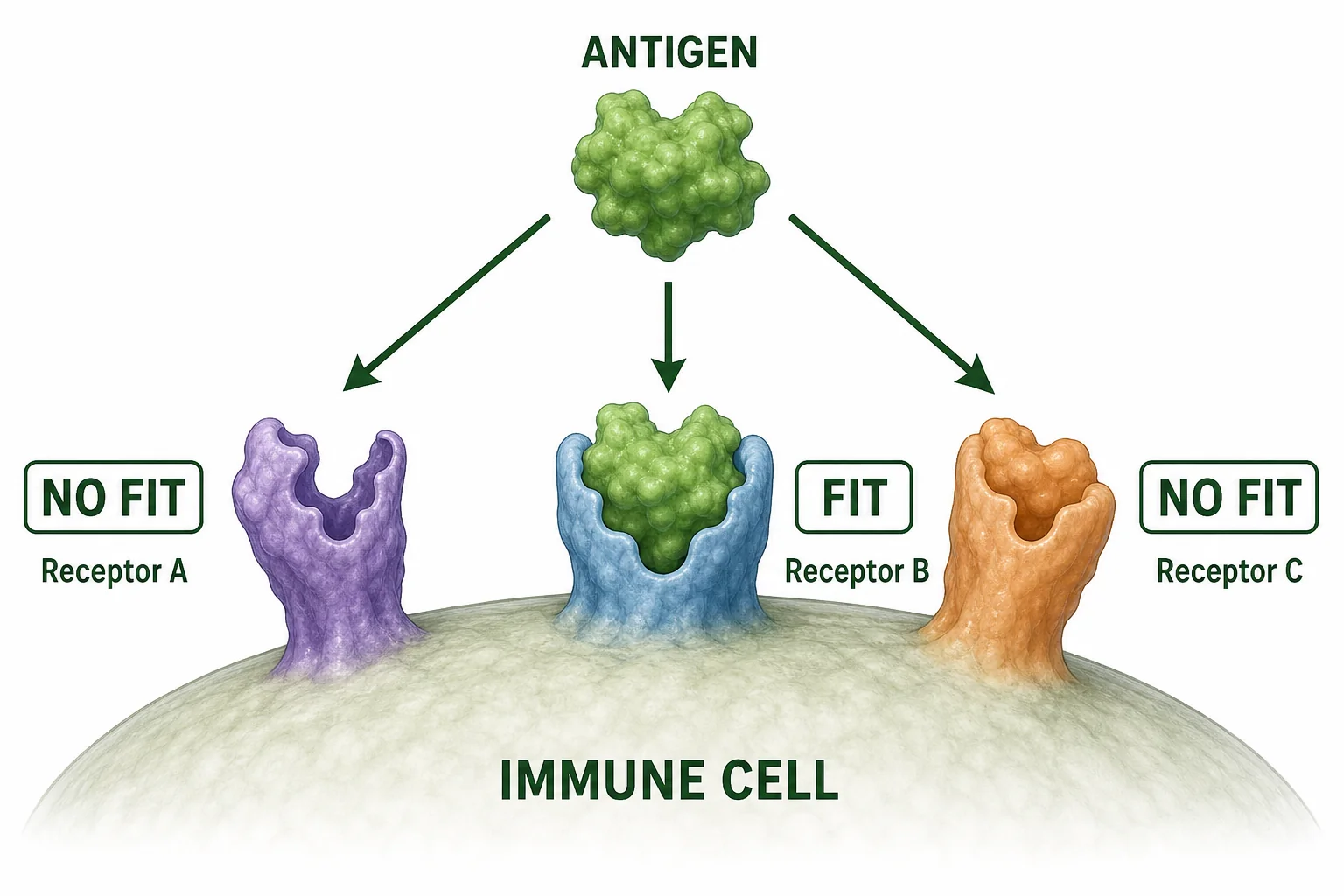 Antigen shapes fit some immune receptors but not others, showing specificity in immune recognition.