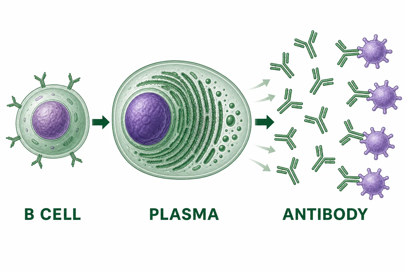 A B cell becomes a plasma cell that releases Y-shaped antibodies that bind antigen shapes.