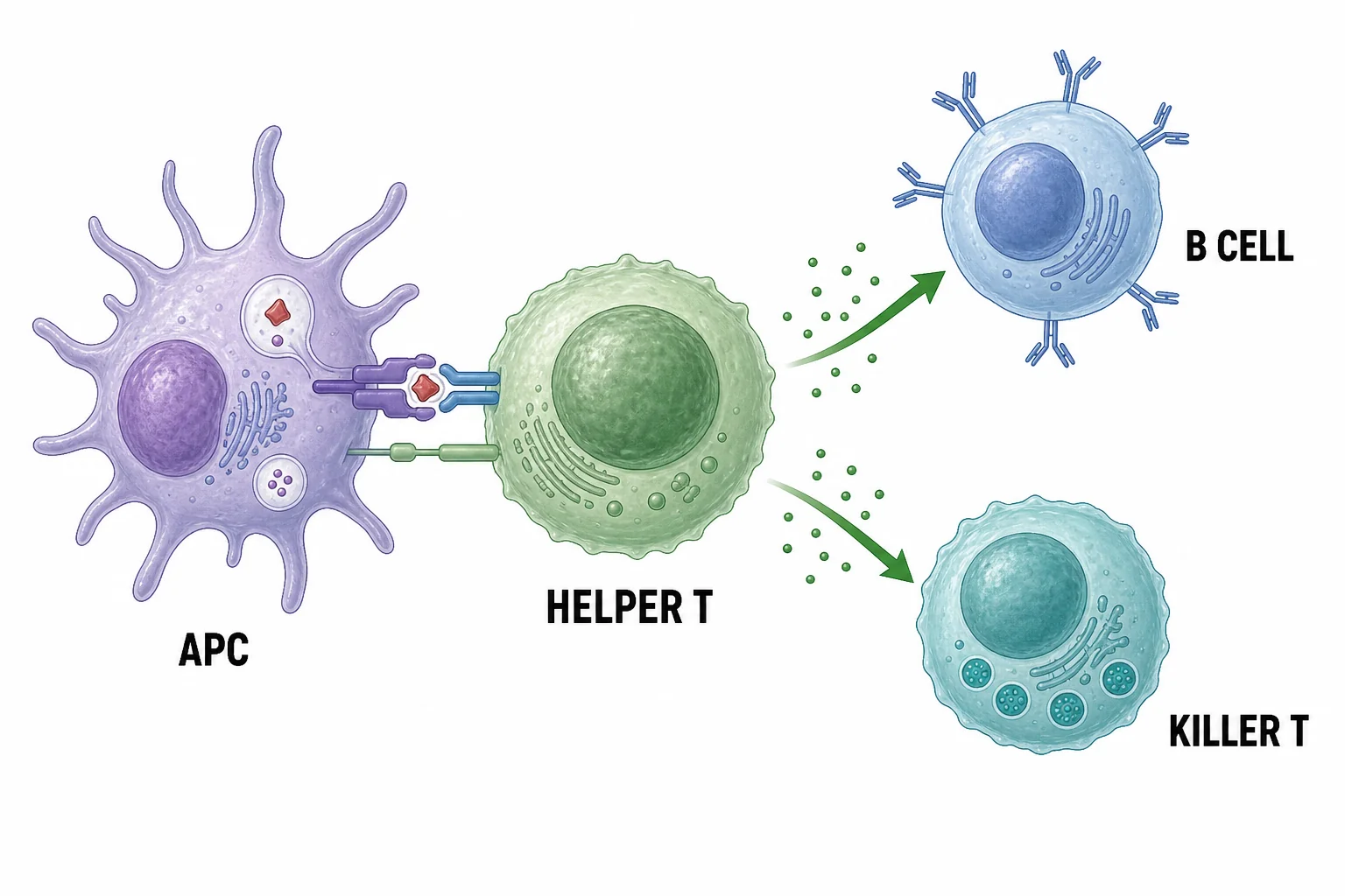 An antigen presenting cell activates a helper T cell, which signals to a B cell and a cytotoxic T cell.