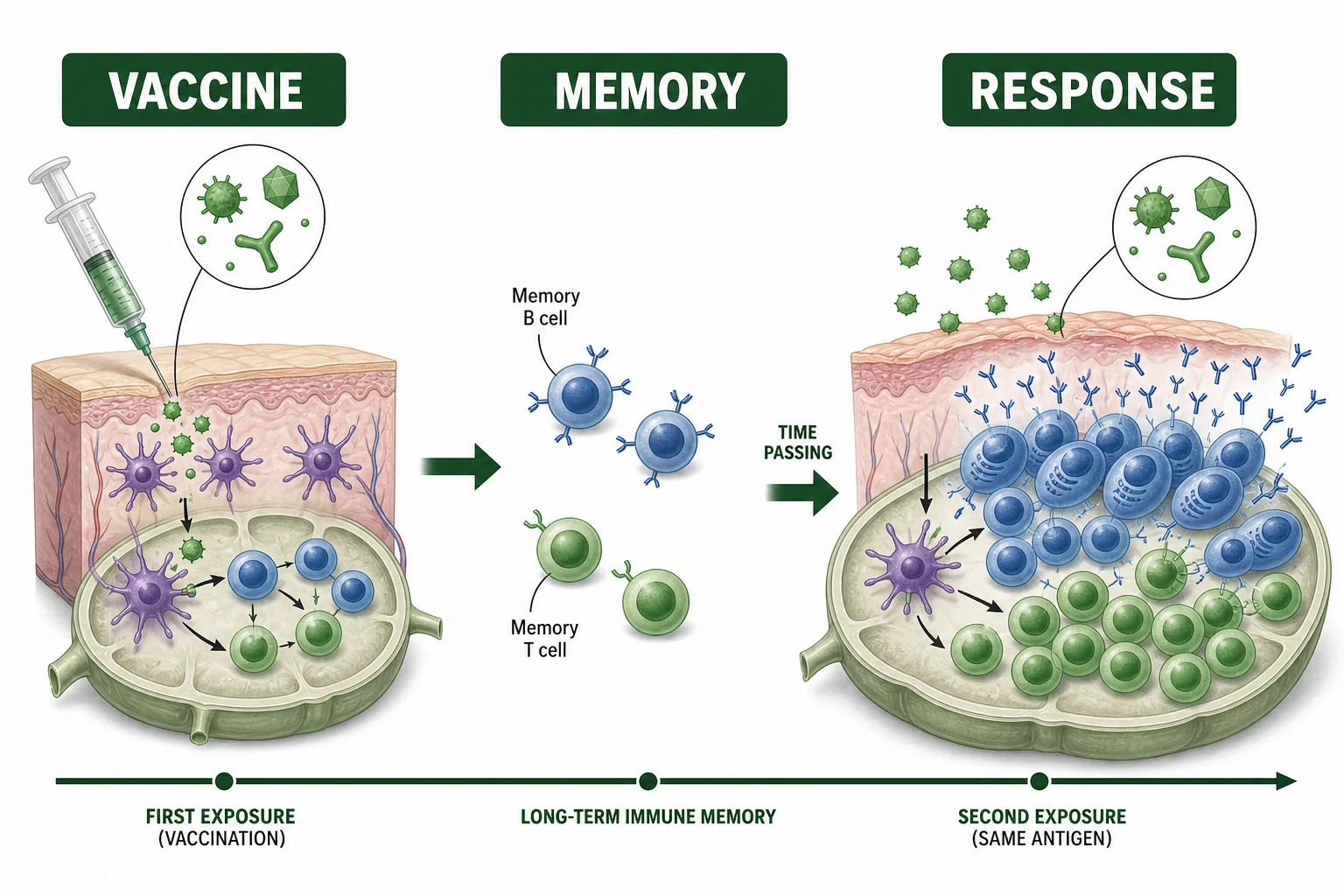 Memory B cells and memory T cells remain after vaccination and respond rapidly when the same antigen returns.