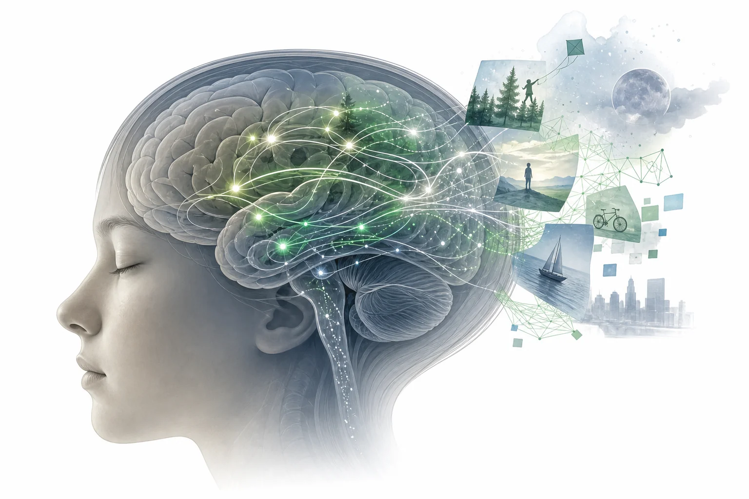 A sleeping student with simplified brain activity patterns showing that the brain remains active during sleep