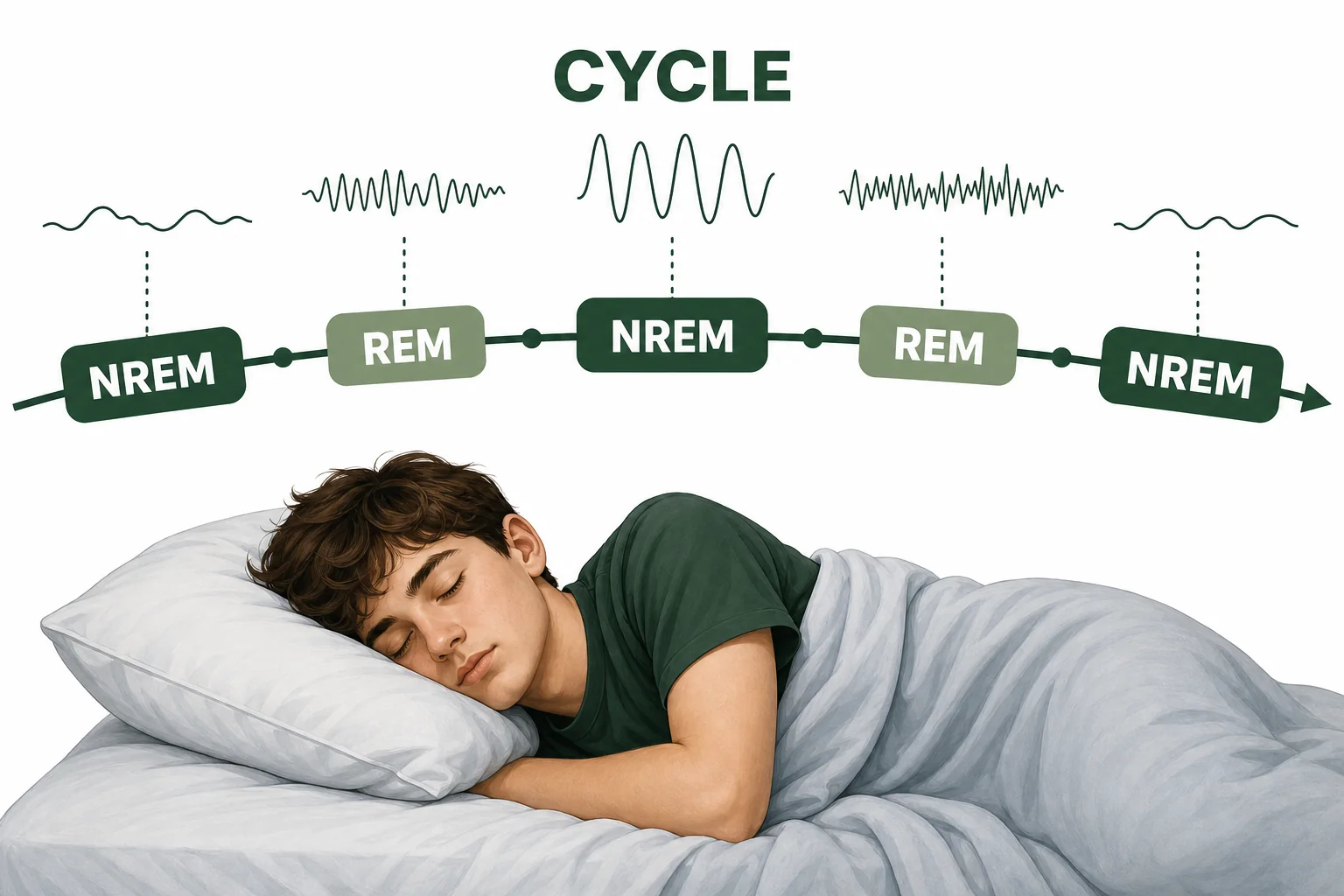 A sleep cycle diagram showing non-REM and REM stages repeating while a student sleeps