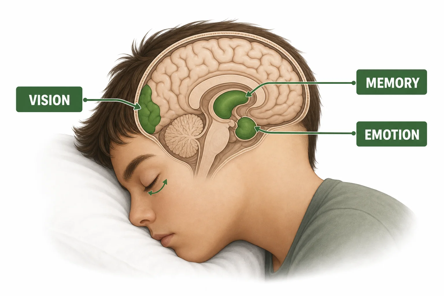 A simplified brain diagram during REM sleep with active visual, memory, and emotion regions