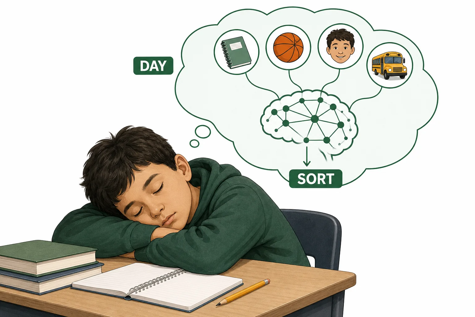 Memory fragments from a day being reorganized into connected patterns inside a sleeping brain