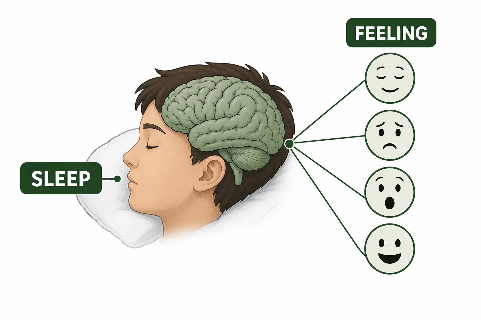 A sleeping brain connected to emotion icons showing how dreams can process feelings