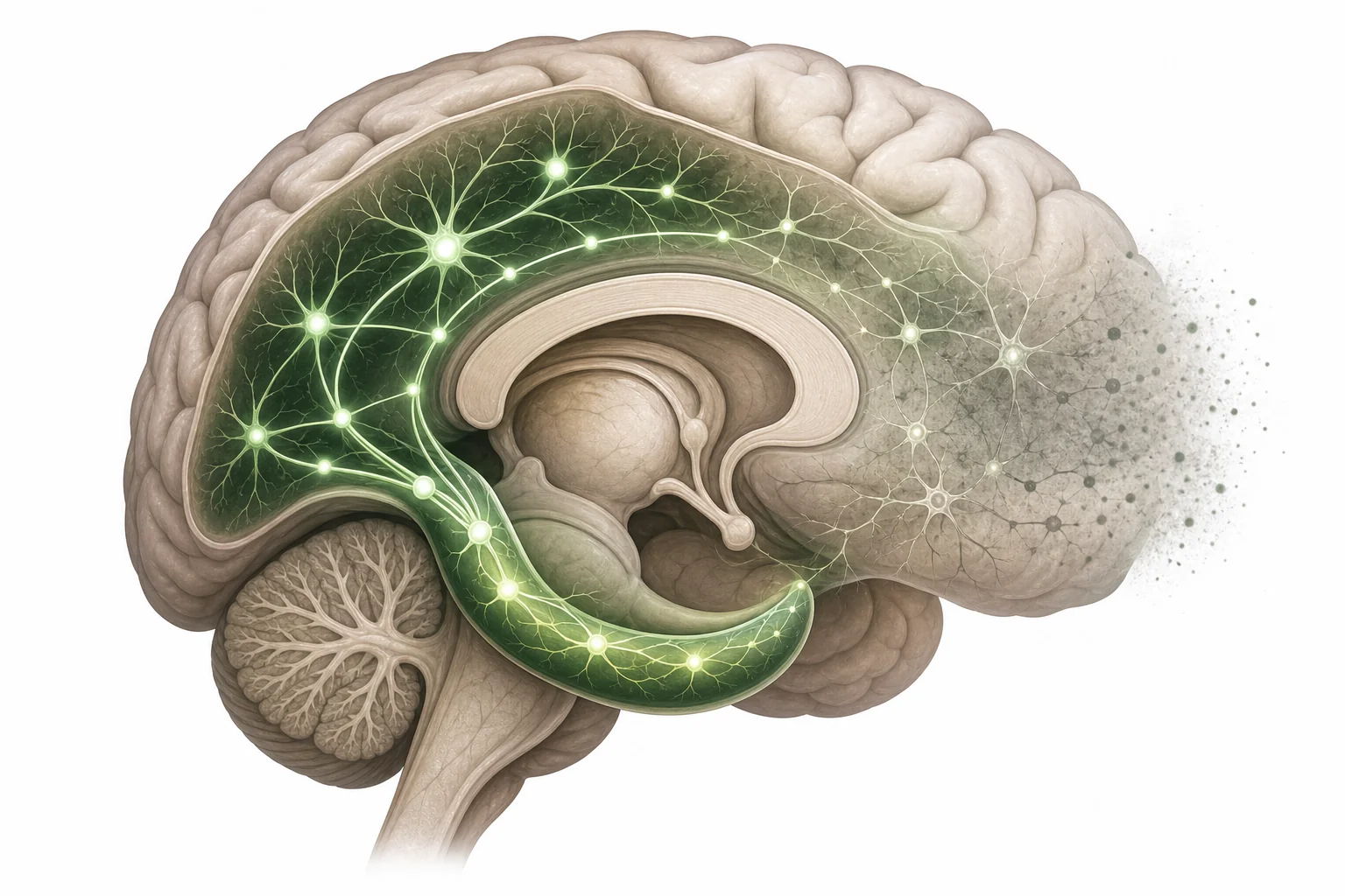 A student brain diagram showing connected nerve cells, fading study notes, and sleep as parts of memory and forgetting.