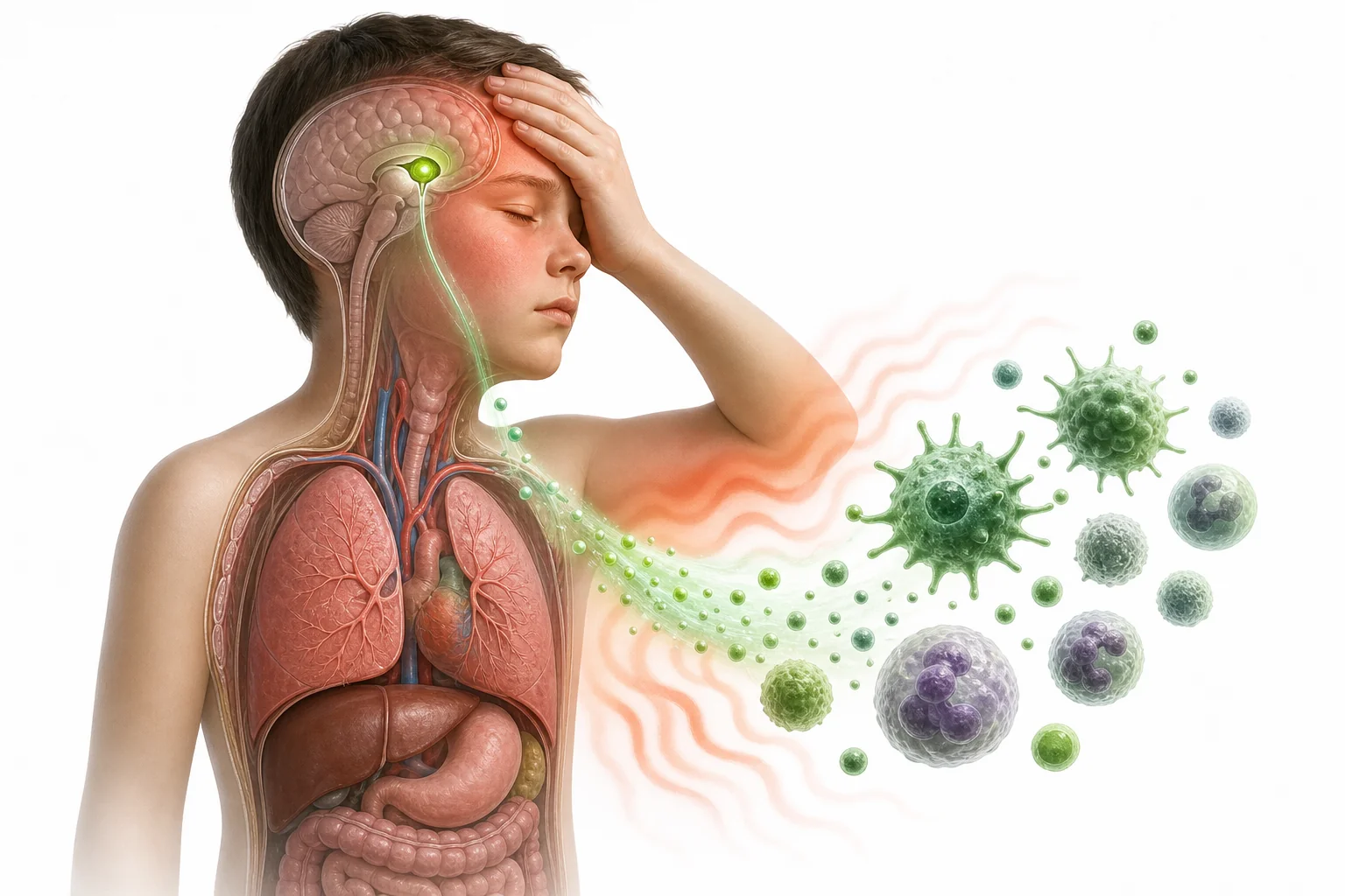 A student resting with a thermometer while simplified immune cells respond to germs inside the body.