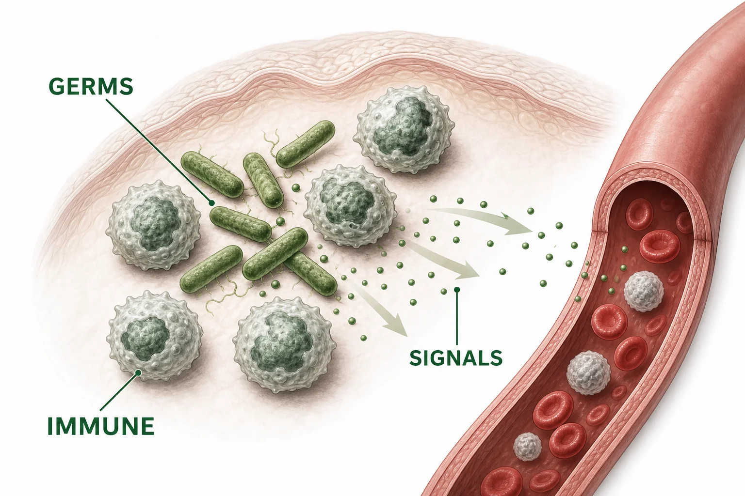 Immune cells near bacteria release chemical signals into a blood vessel.