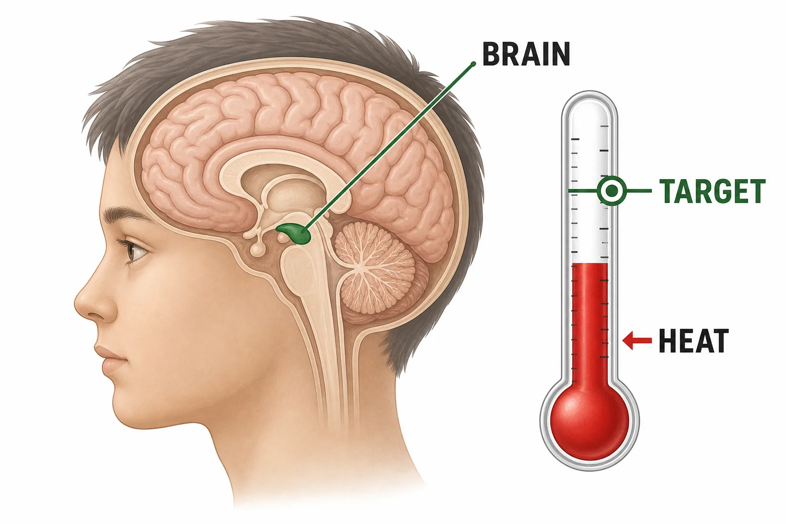 A simplified brain shows the hypothalamus changing the body's temperature target upward.