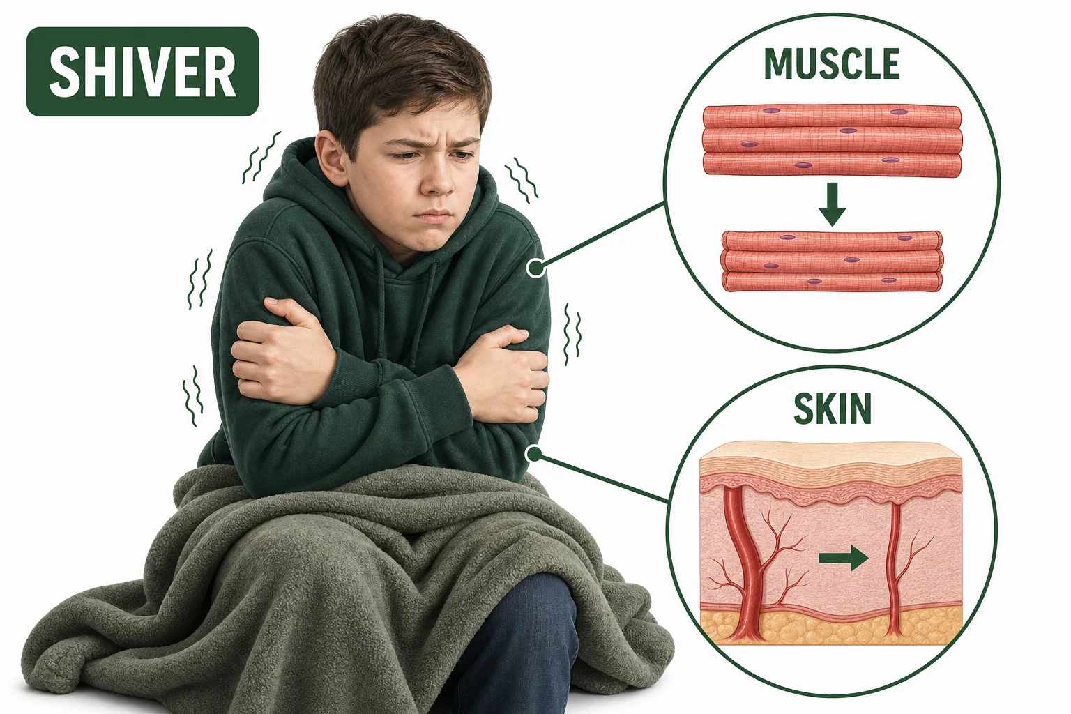 A student shivers under a blanket while muscles and skin blood vessels are shown in a simple cutaway.