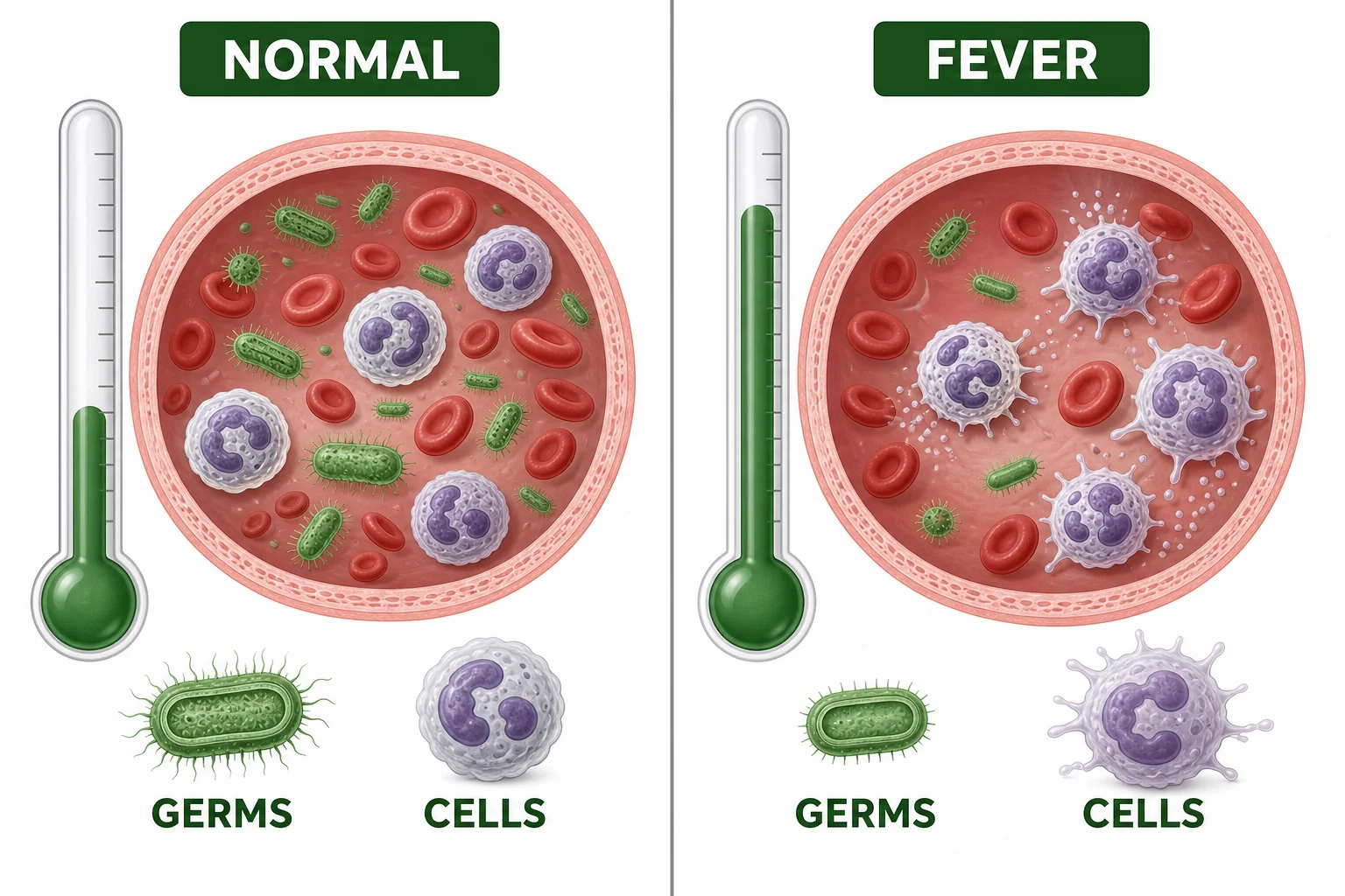 A comparison shows germs growing well at normal temperature and less well at a higher fever temperature while immune cells are active.