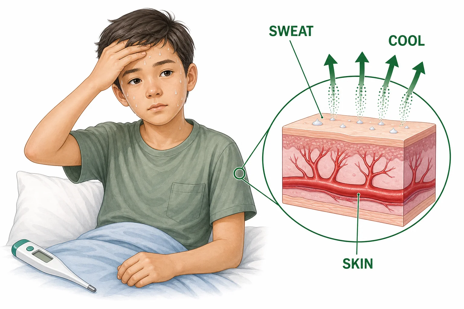 A student sweats as skin blood vessels widen and body temperature moves back toward normal.