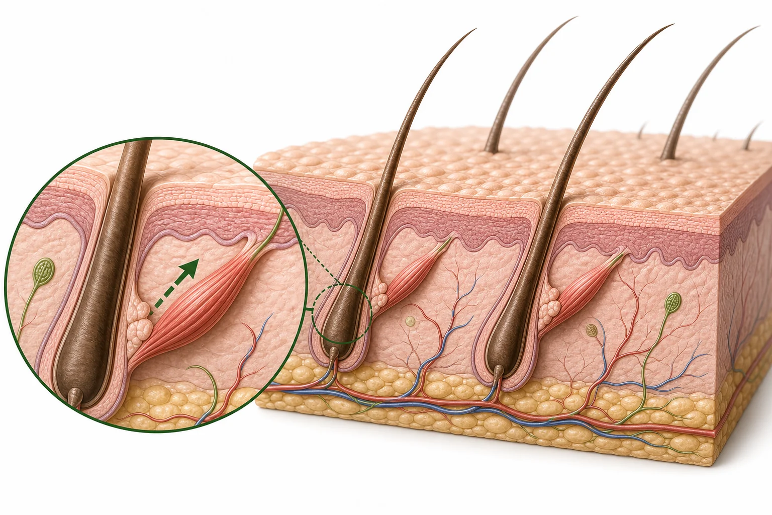Close view of human skin with raised hairs and bumps, showing the skin surface, hair shafts, and tiny muscles under the skin.