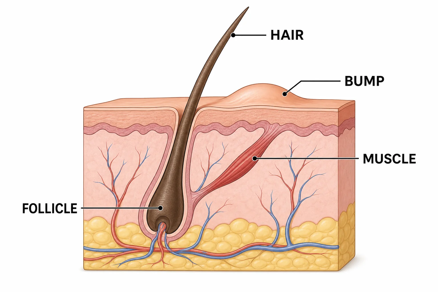 Cross section of skin showing a hair follicle, raised hair, arrector pili muscle, and the bump at the skin surface.