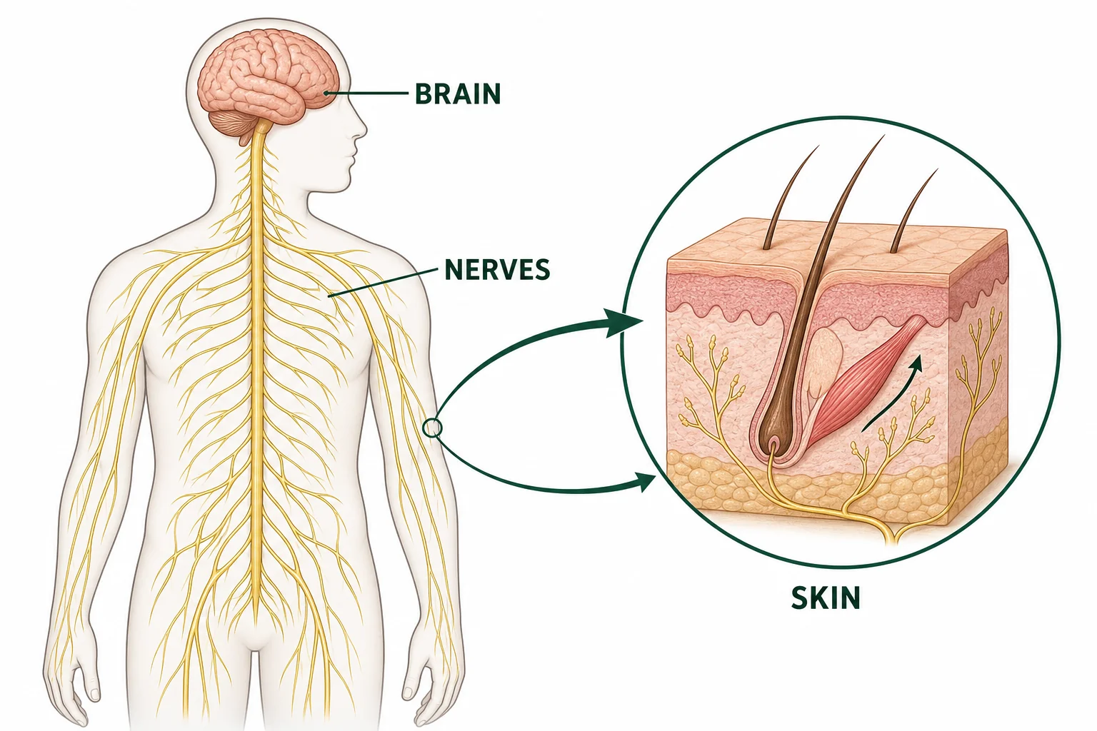 Diagram showing a brain and spinal cord sending nerve signals to skin, where small muscles lift hairs.