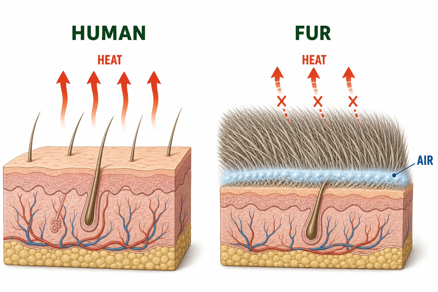 Comparison of flat human hairs losing heat and raised animal fur trapping a layer of air near the skin.